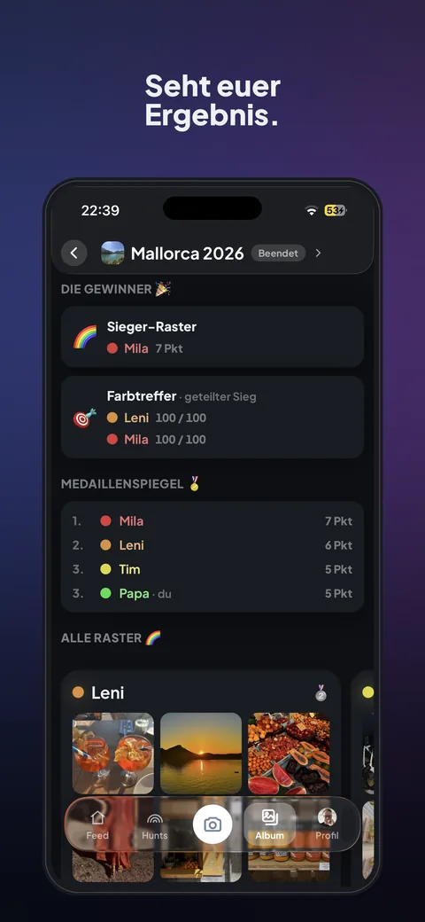 Ergebnis-Screen: Podium mit den besten Spielerinnen und Spielern.