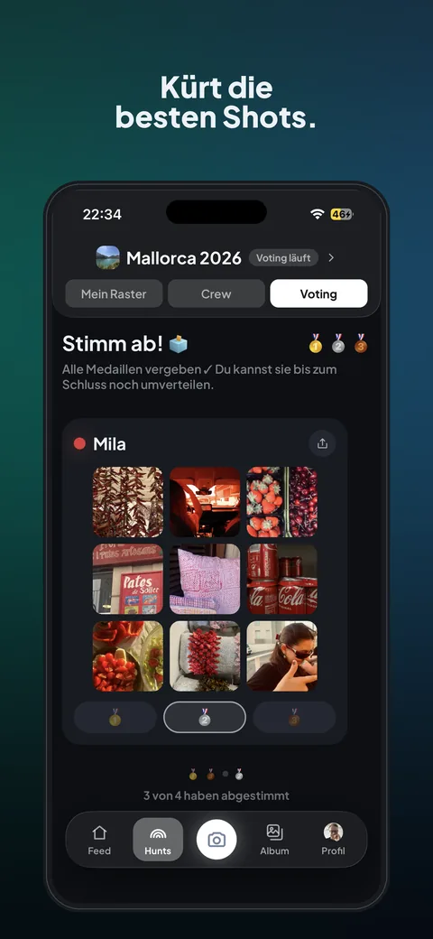 Voting-Screen: die Gruppe stimmt über die besten Fotos ab.
