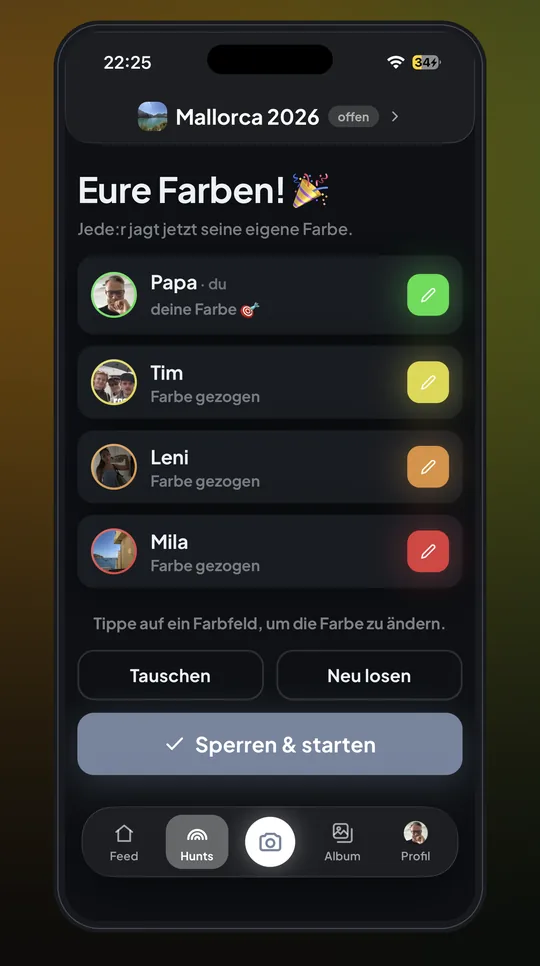App-Screen: jede Person der Gruppe bekommt eine Farbe zugelost.